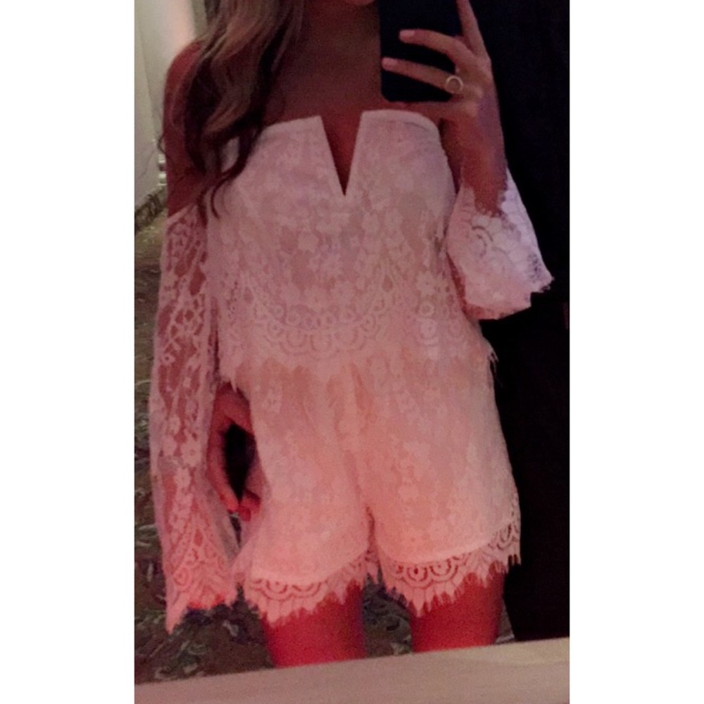White Lace Romper with off the shoulder sleeves